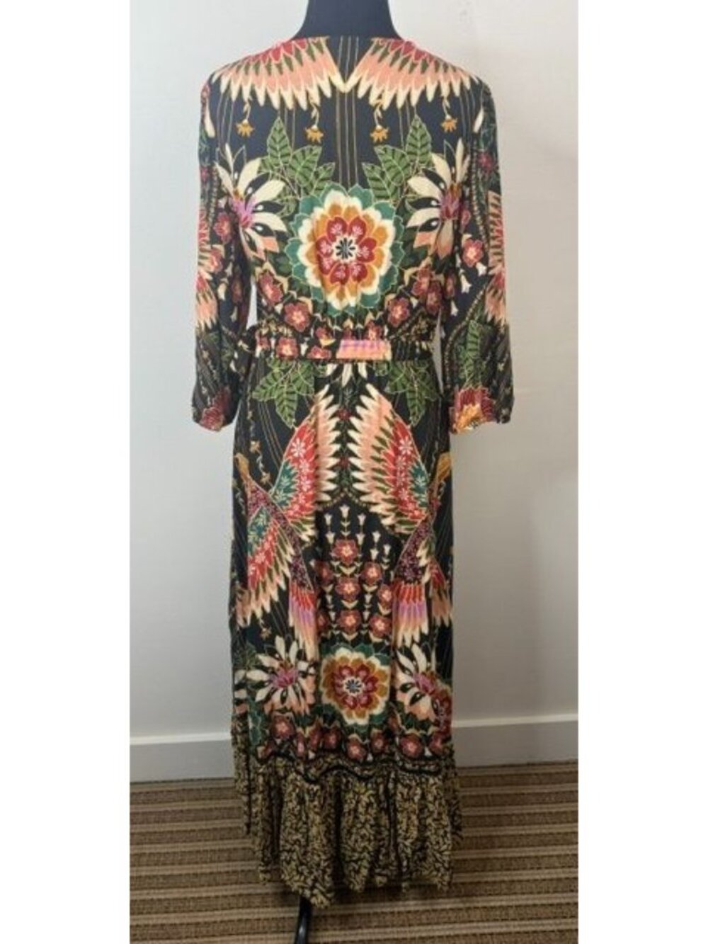 Farm Rio for Anthropologie Amorina Floral Tropical 3/4 Sleeve Maxi Wrap Dress Si - Picture 6 of 7